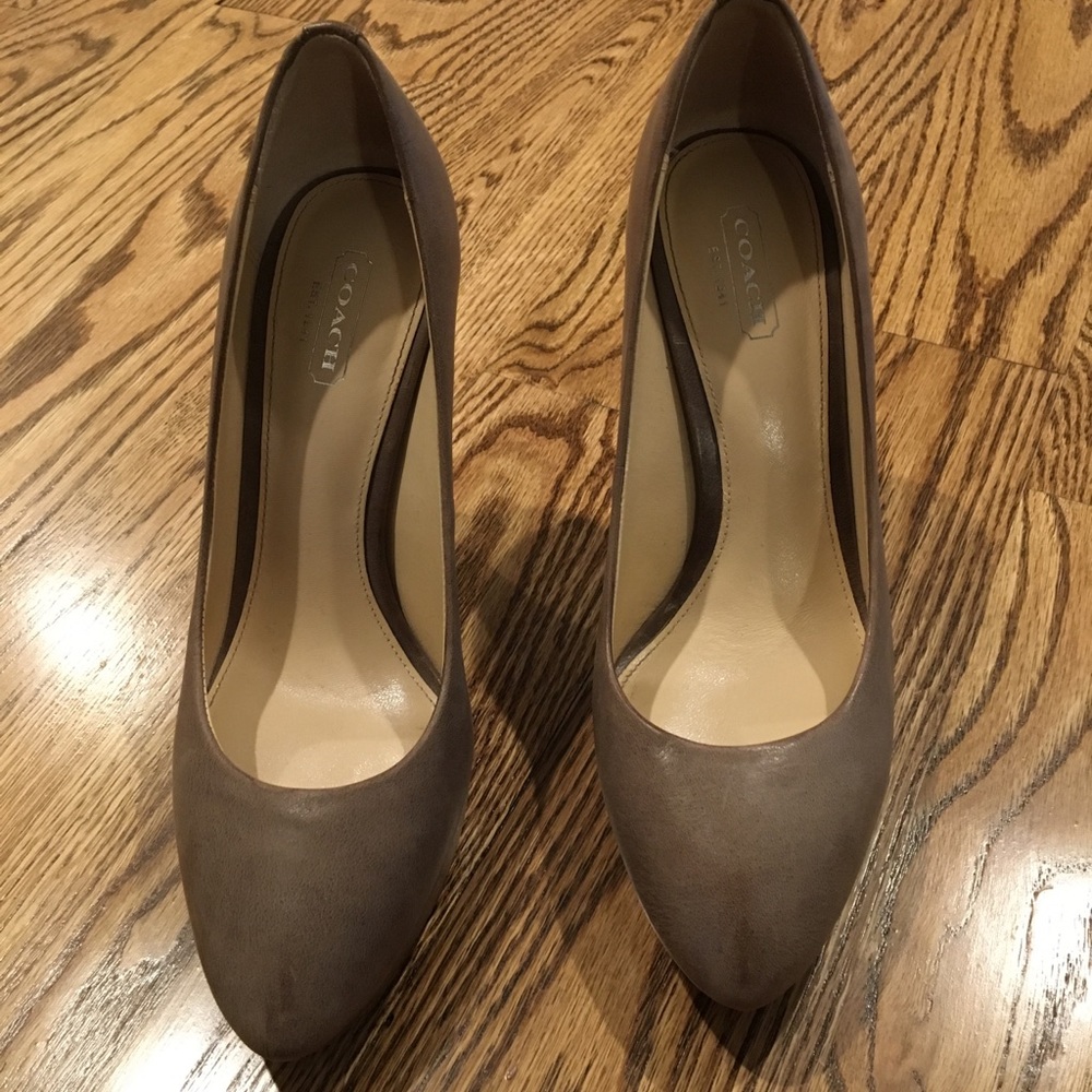 Grey coach heels with wood bottoms